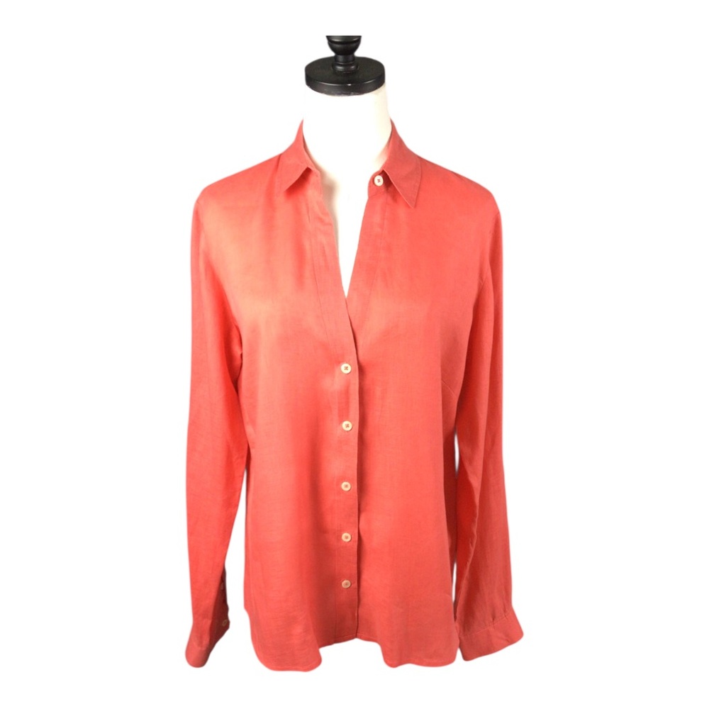 HiHo Women's Linen Button-Up Shirt in Coral Pink Large Cottagecore